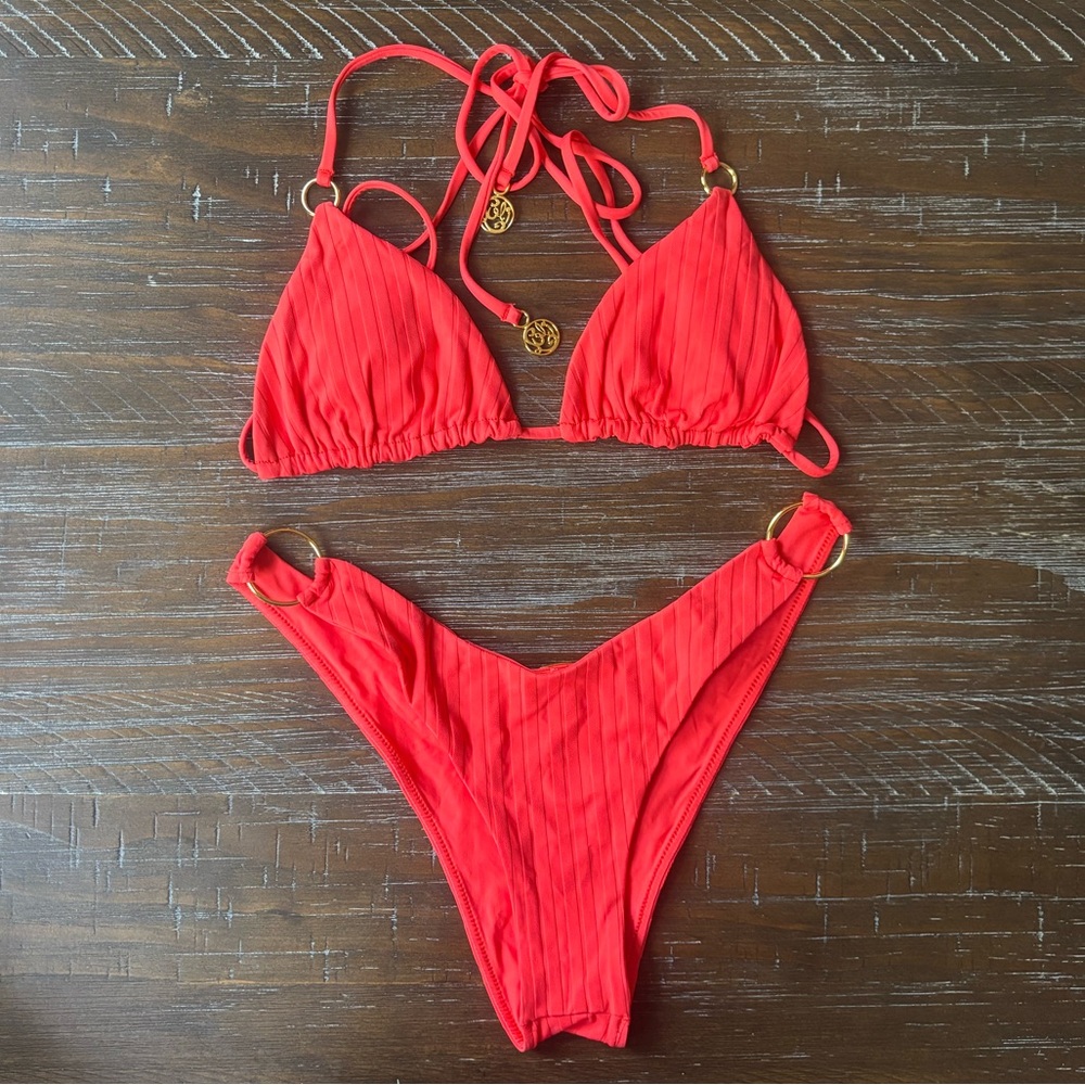 Luli Fama Red Ribbed Triangle Bikini Set